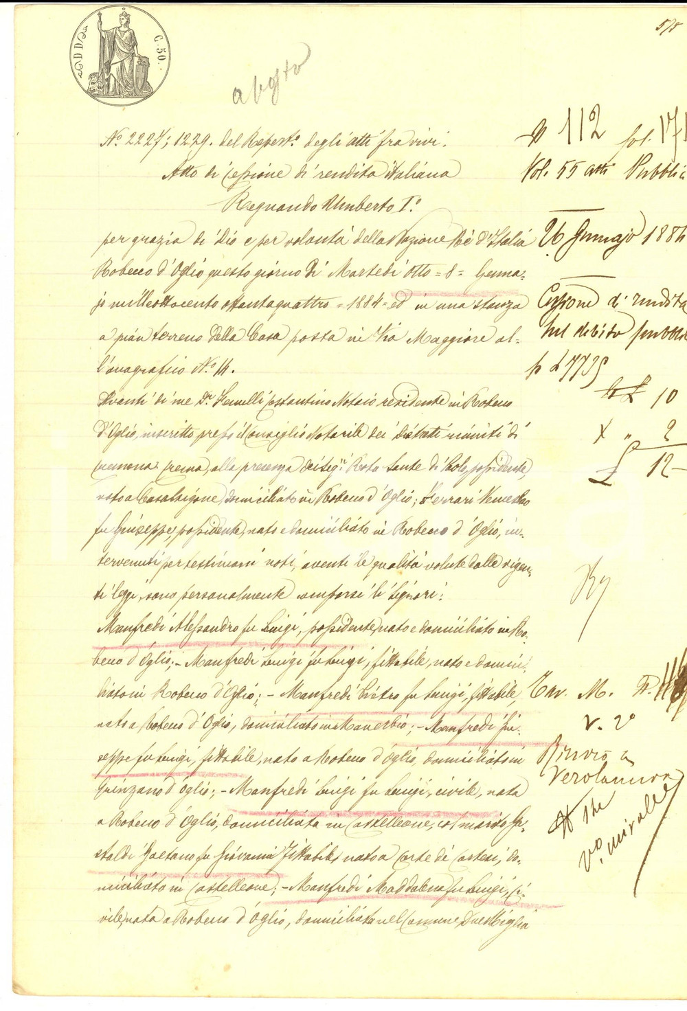 Documento originale, autentico 1884 ROBECCO D OGLIO CR Cessione di rendita famiglia MANFREDI pro sorella Rosa 1