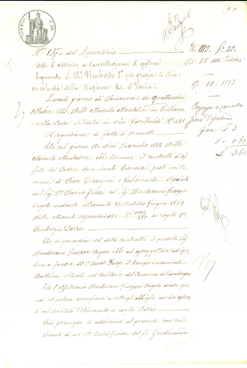 Documento originale, autentico 1883 PIEVE TERZAGNI CR Cancellazione iscrizione pro Giuseppe Angelo MANTOVANI 1