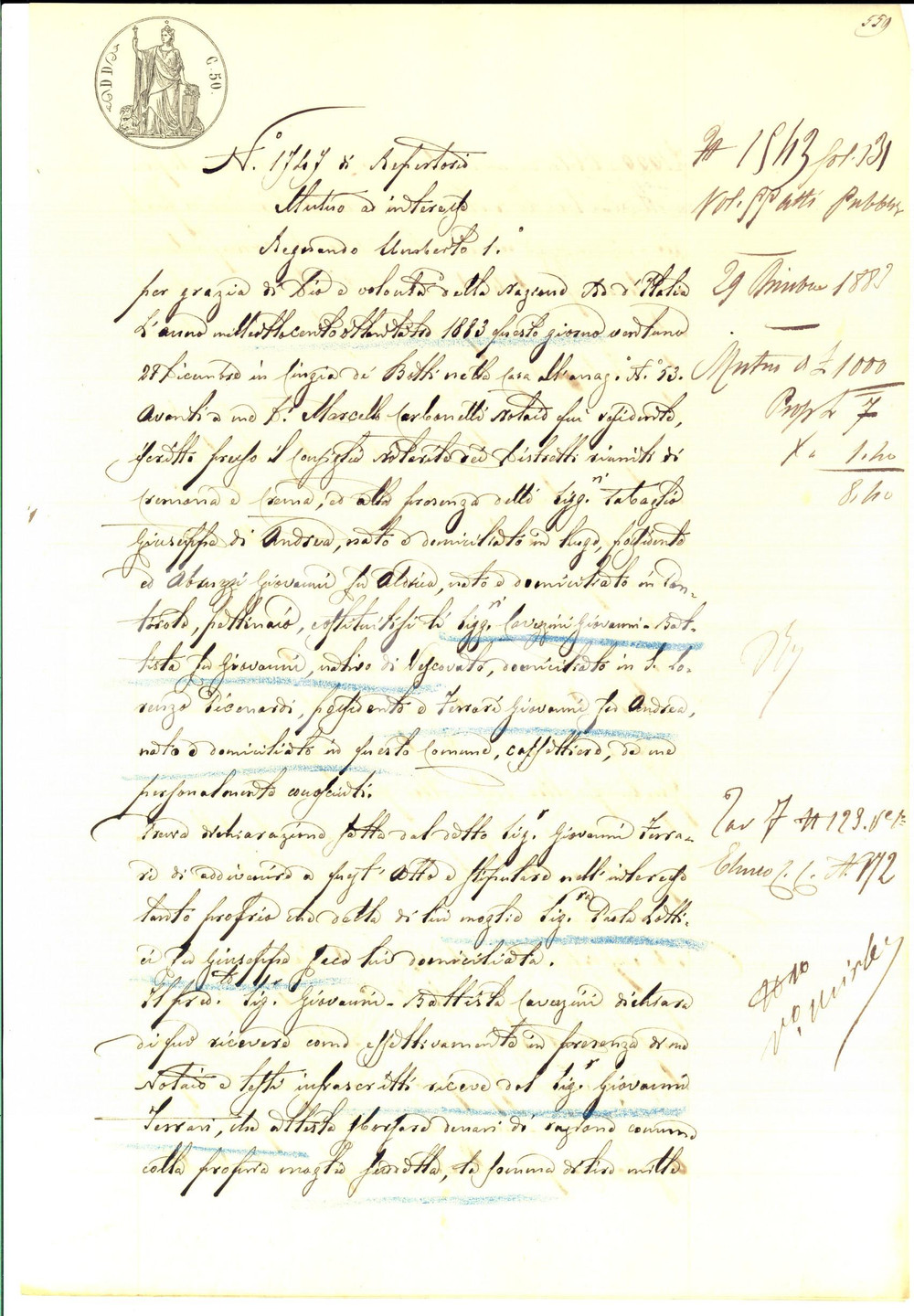 Documento originale, autentico 1883 CINGIA DE  BOTTI Prestito Giovanni FERRARI a Giovanni Battista CAVEZZINI 1