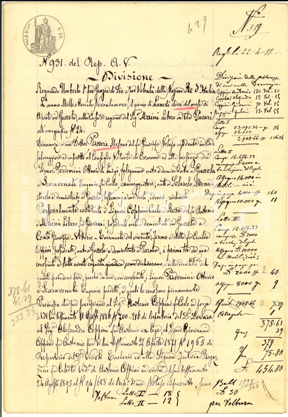 Documento originale, autentico 1899 GUSSOLA CR Divisione ereditaria beni del defunto Antonio COPPINI 1