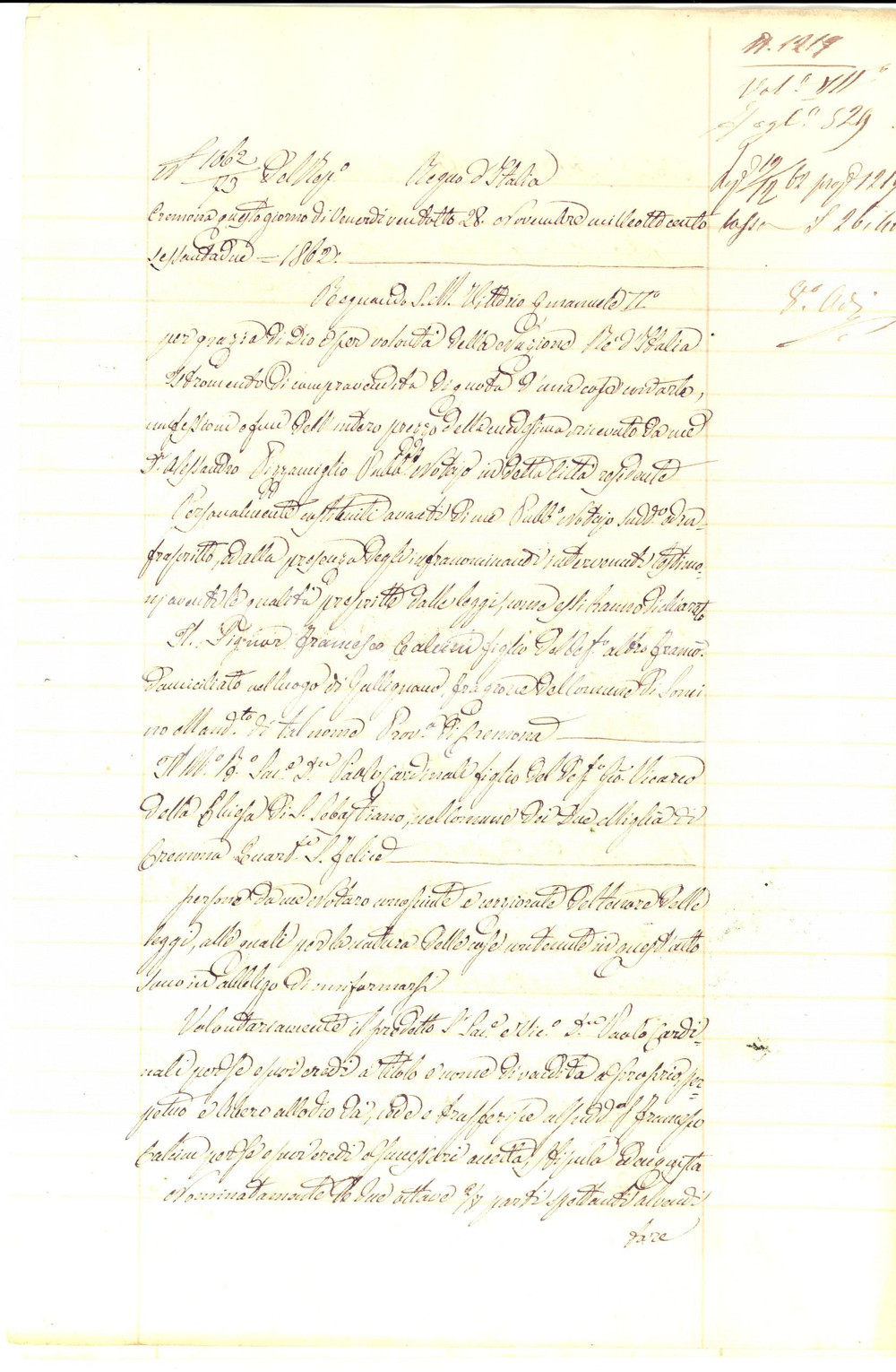 Documento originale, autentico 1862 GALLIGNANO CR Don Paolo CARDINALI vende porzione casa a Francesco CALCINI 1