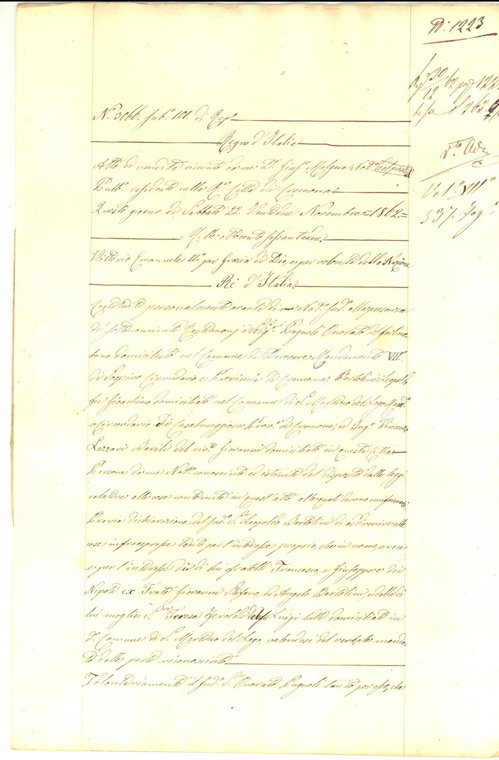 Documento originale, autentico 1862 RECORFANO / VOLTIDO CR Onorato PUGNOLI vende campo a Leopoldo BERTOLINI 1