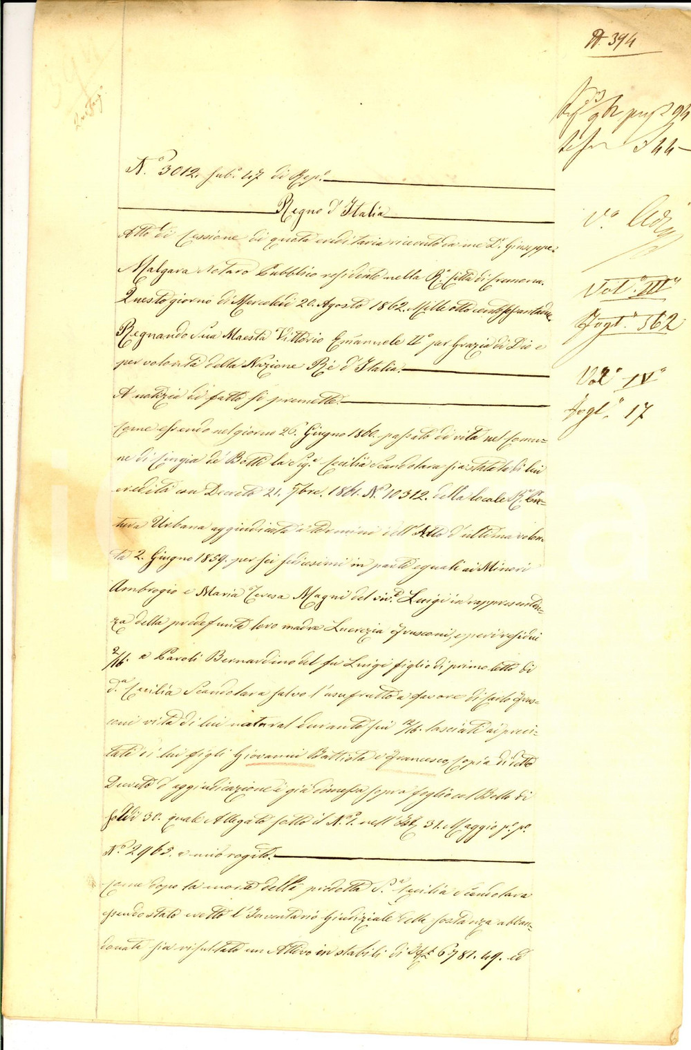 Documento originale, autentico 1862 CINGIA DE  BOTTI CR Bernardino PAVOLI cede quota ereditÃ  ai fratellastri 1