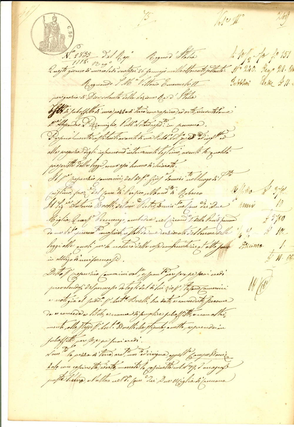 Documento originale, autentico 1870 DUEMIGLIA / CREMONA Crescenzio CAMERINI concede campo BONIZZOLO 1