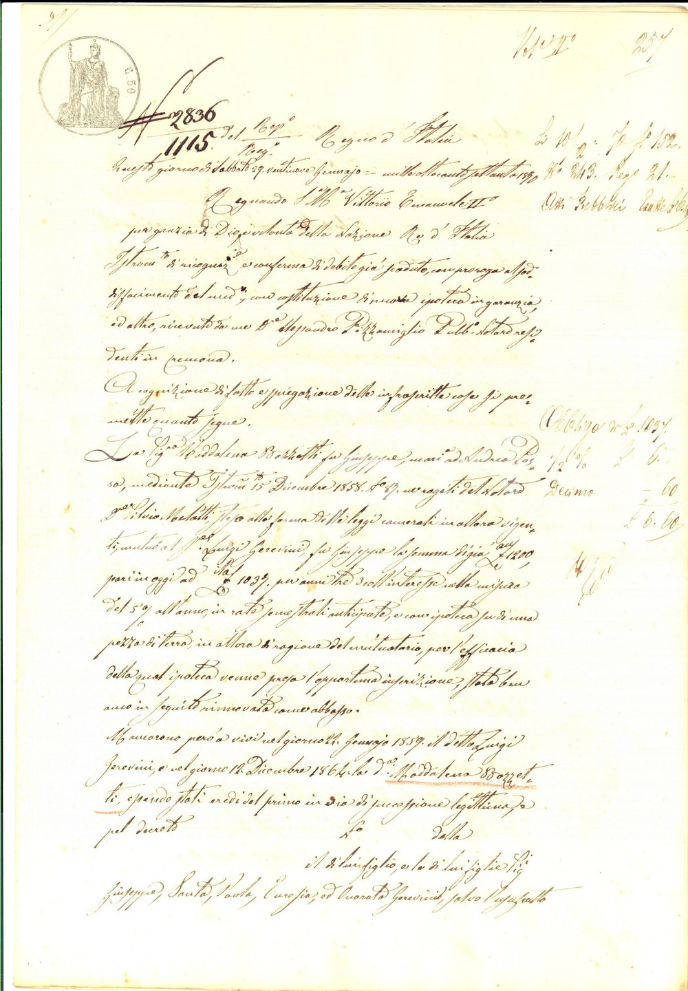 1870 PIEVE D'OLMI (CR) Ricognizione debito scaduto di Andrea ROSSA *Manoscritto