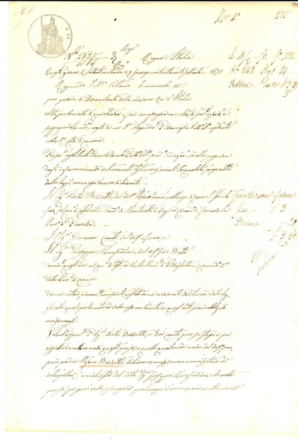 Documento originale, autentico 1870 CASTELVETRO PIACENTINO Ricevuta di Pietro BOZZETTI pro Giuseppe MANFREDINI 1