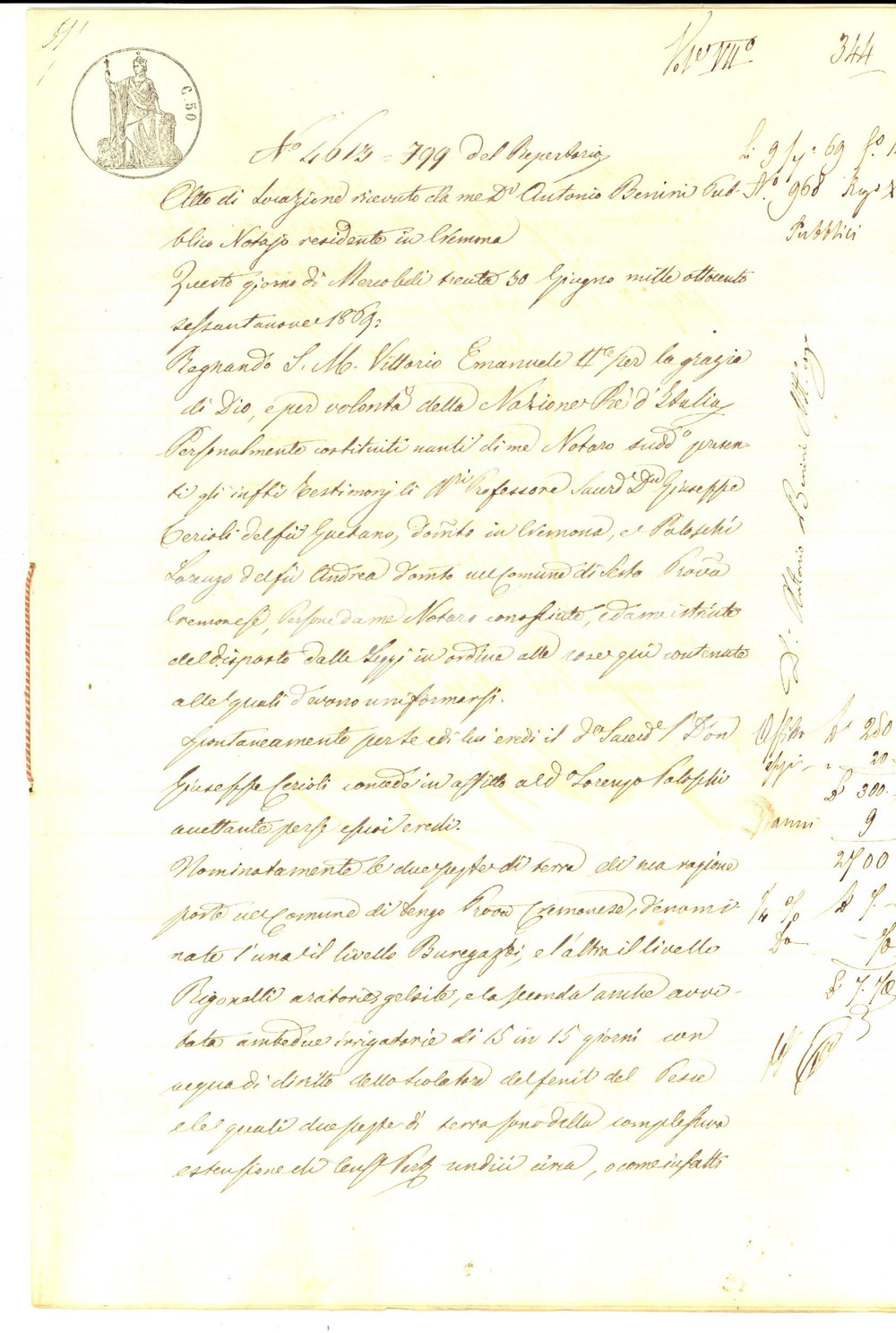 Documento originale, autentico 1869 SESTO ED UNITI CR Don Giuseppe CERIOLI affitta terra a Lorenzo PALOSCHI 1