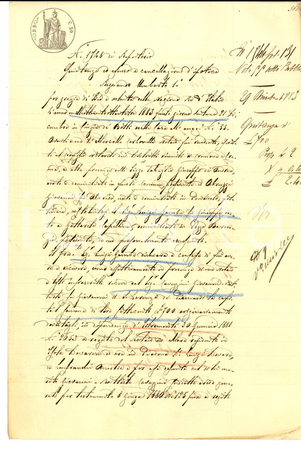 Documento originale, autentico 1883 CINGIA DE  BOTTI Quietanza di Luigi GAMBA a Giovanni Battista CAVEZZINI 1