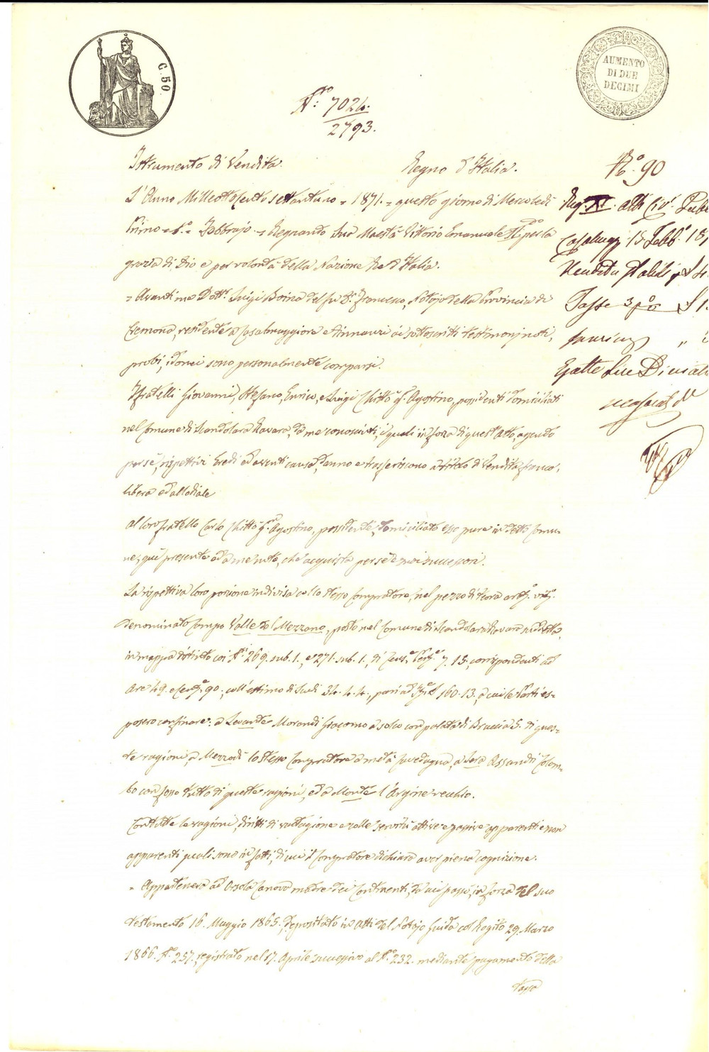 Documento originale, autentico 1871 SCANDOLARA RAVARA Carlo CHITTO acquista campoa VAL DEL MEZZANO dai fratelli 1