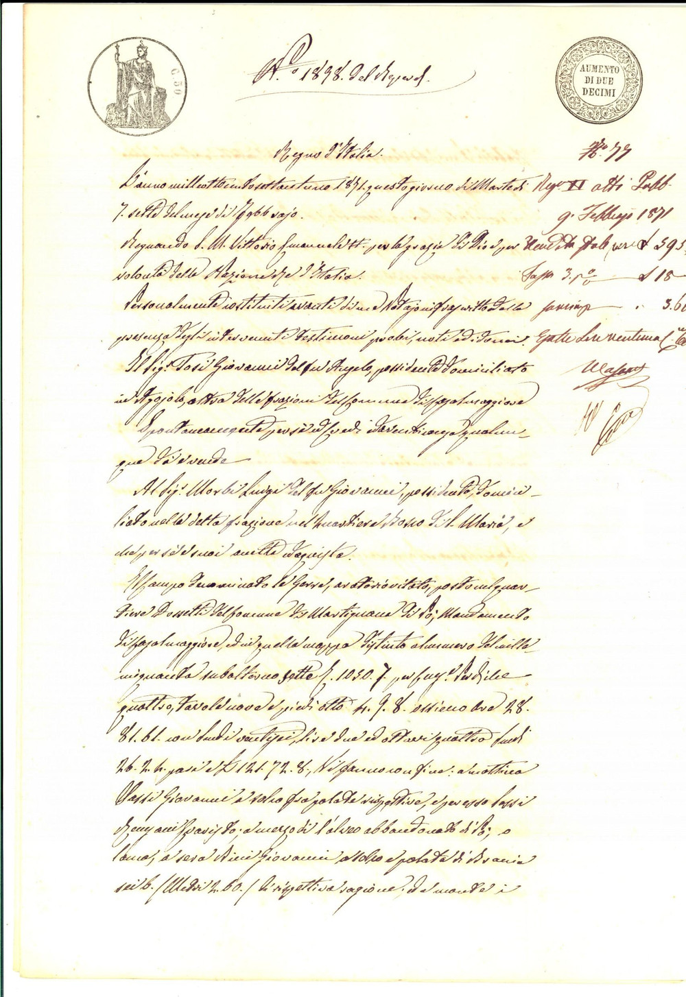 Documento originale, autentico 1869 MARTIGNANA DI PO CR Giovanni TOSI vende campo LE GERRE a Luigi MORBI 1