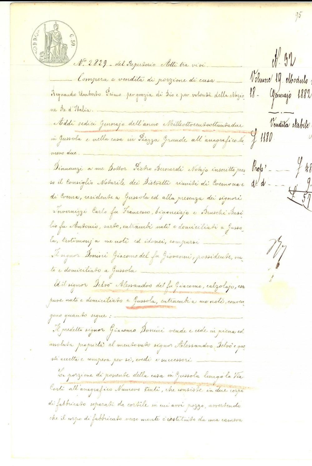 Documento originale, autentico 1882 GUSSOLA CR Giacomo DONINI vende porzione di casa ad Alessandro DELVÃ’ 1