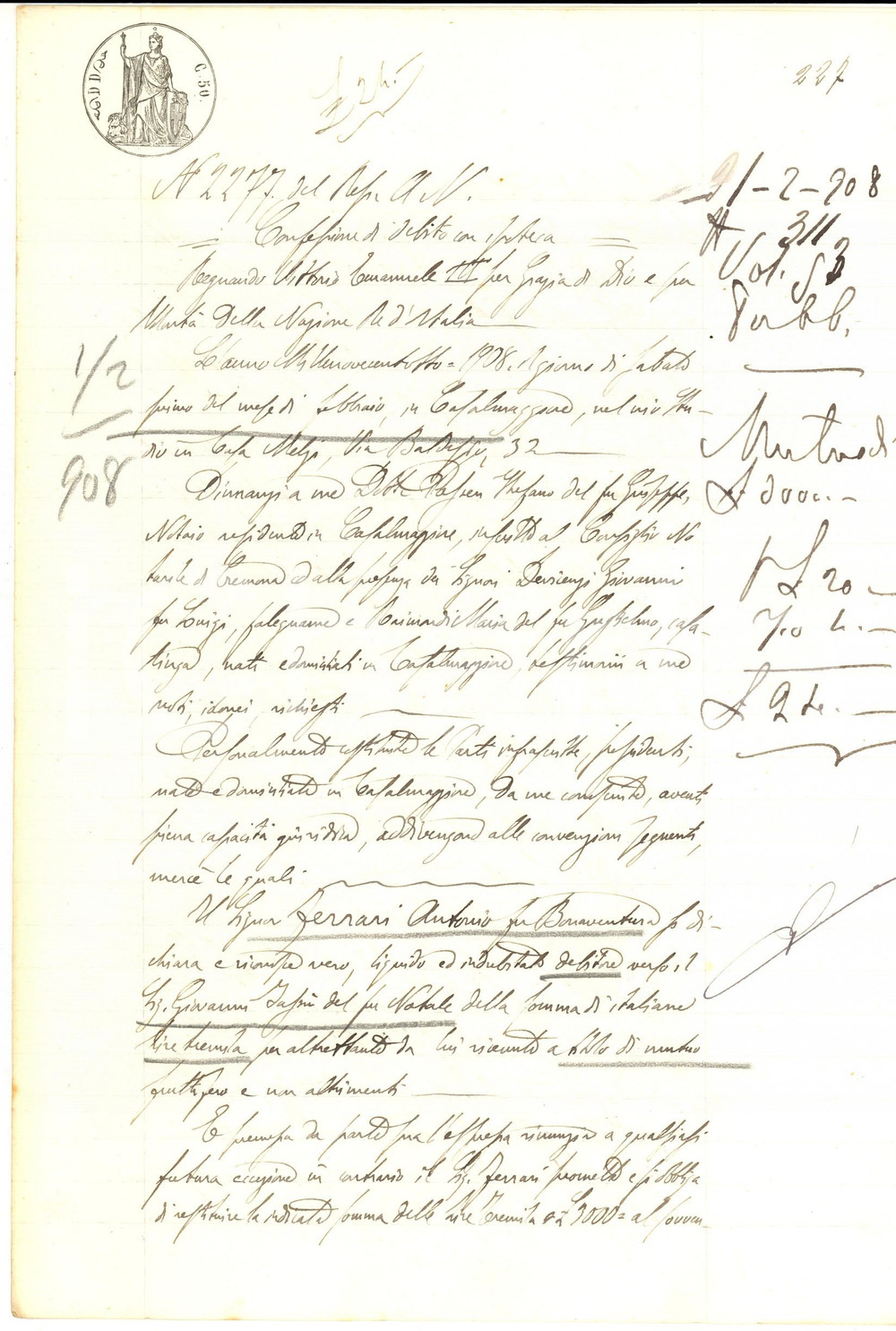Documento originale, autentico 1908 CASALMAGGIORE Confessione di debito Antonio FERRARI verso Giovanni TASSU 1