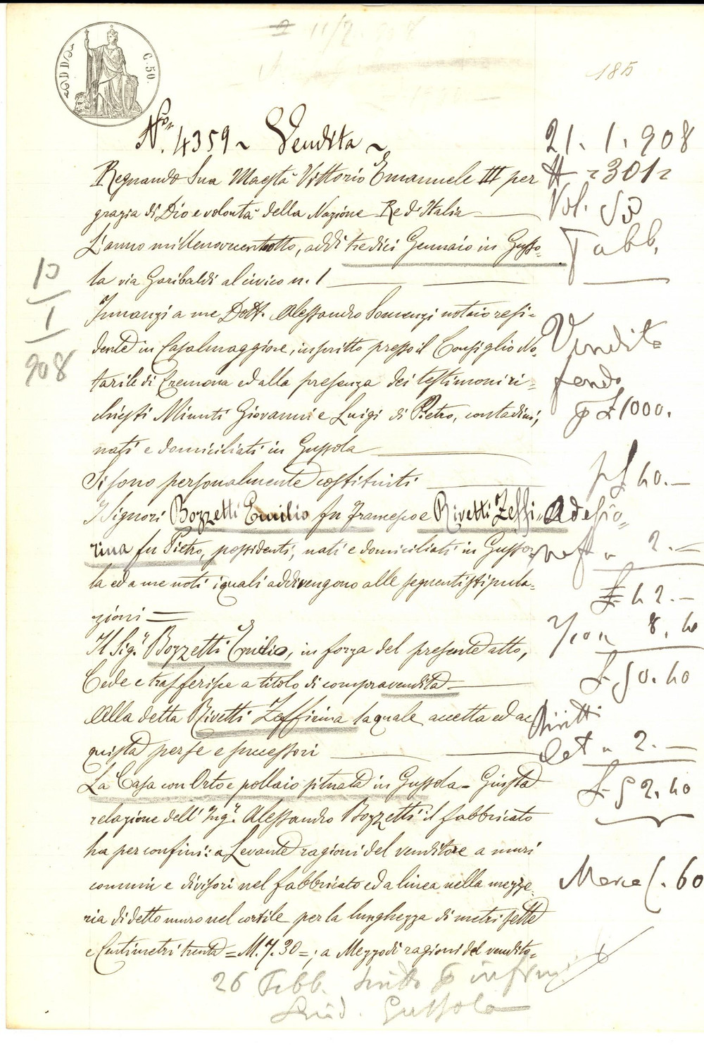 Documento originale, autentico 1908 GUSSOLA CR Emilio BOZZETTI vende casa con pollaio a Zeffirina RIVETTI 1