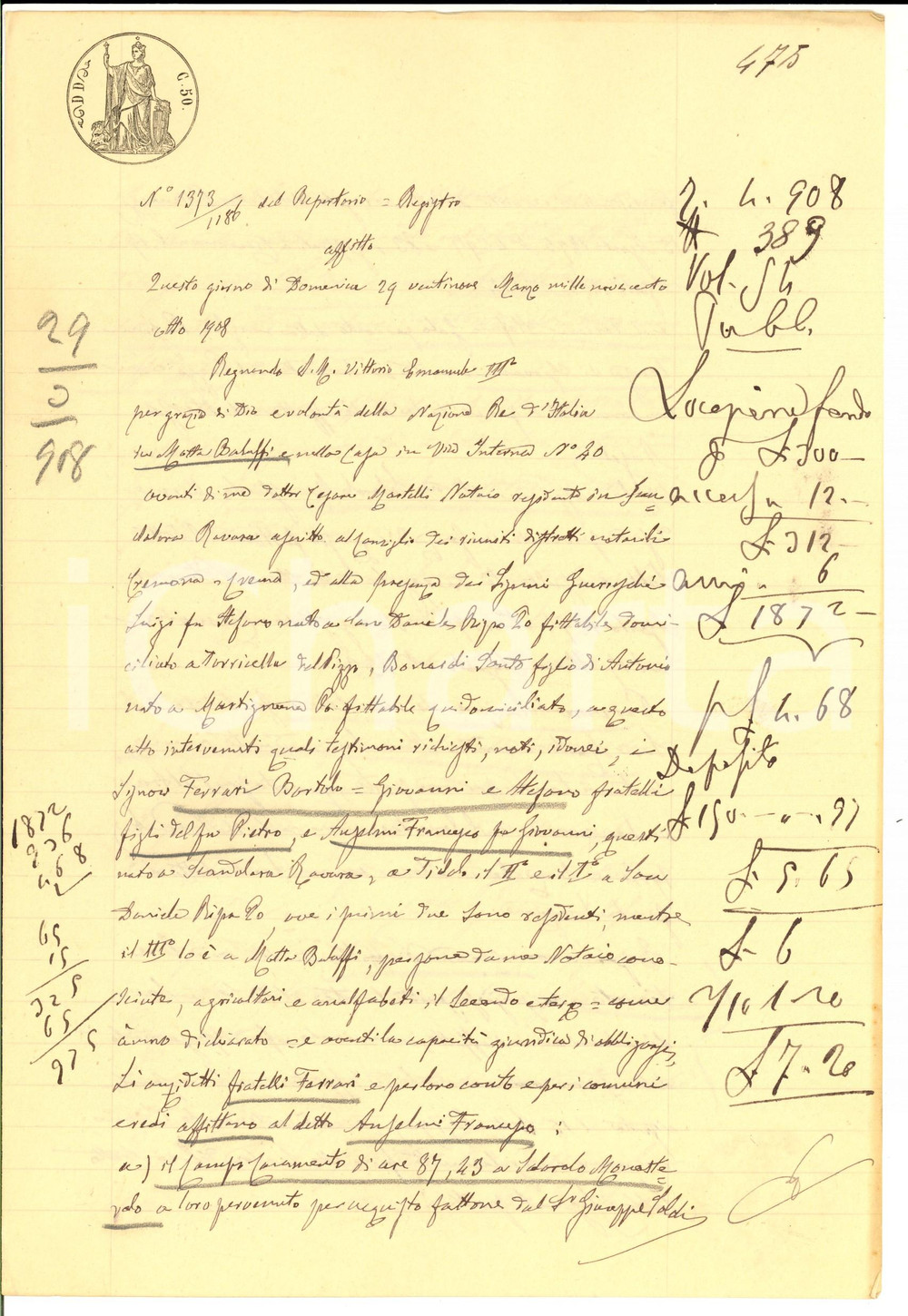 Documento originale, autentico 1908 SOLAROLO MONASTEROLO Fratelli FERRARI affittano campo a Francesco ANGELINI 1