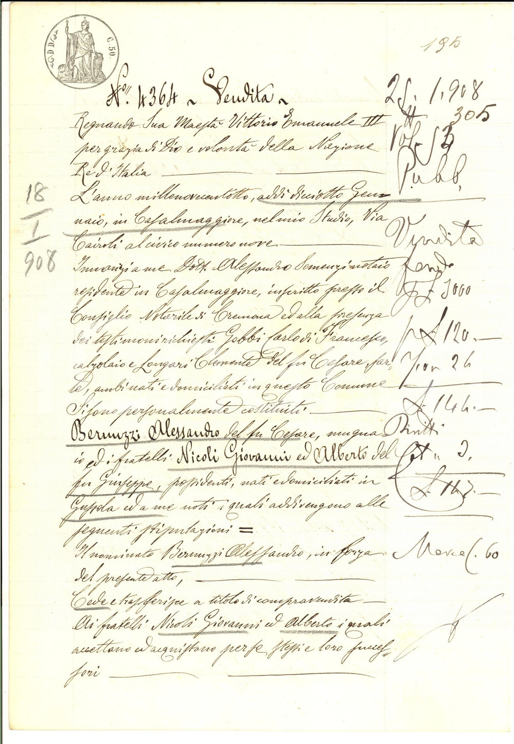 Documento originale, autentico 1908 GUSSOLA CR Alessandro BERNUZZI vende campo MONTALBANO ai fratelli NICOLI 1
