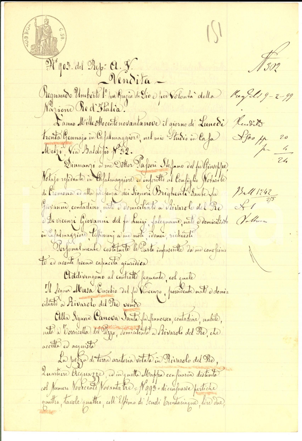 Documento originale, autentico 1899 RIVAROLO DEL RE CR Eusebio MUSA vende campo zona ACQUAZZE a Santa CANOVA 1