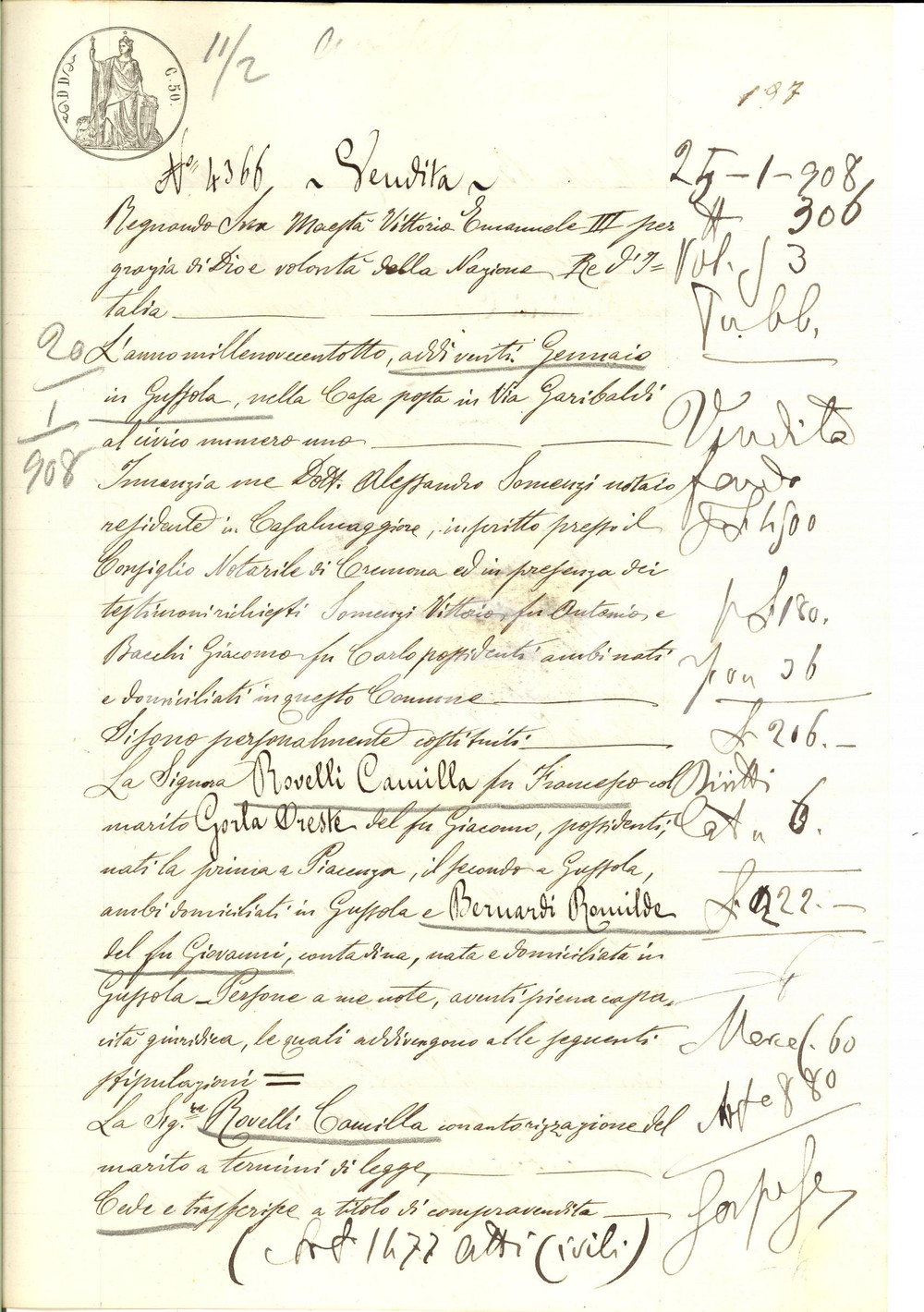 Documento originale, autentico 1908 GUSSOLA CR Camilla ROVELLI vende campo ZANAZZE a Romilde BERNARDI 1