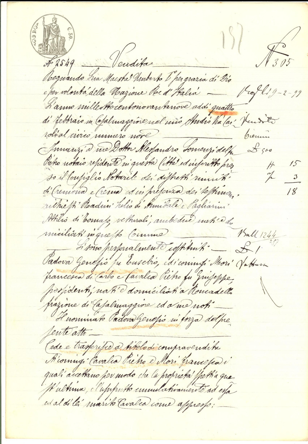 Documento originale, autentico 1899 RONCADELLO CR Genesio PADOVA vende casa a Pietro CAVALCA e Francesca MORI 1