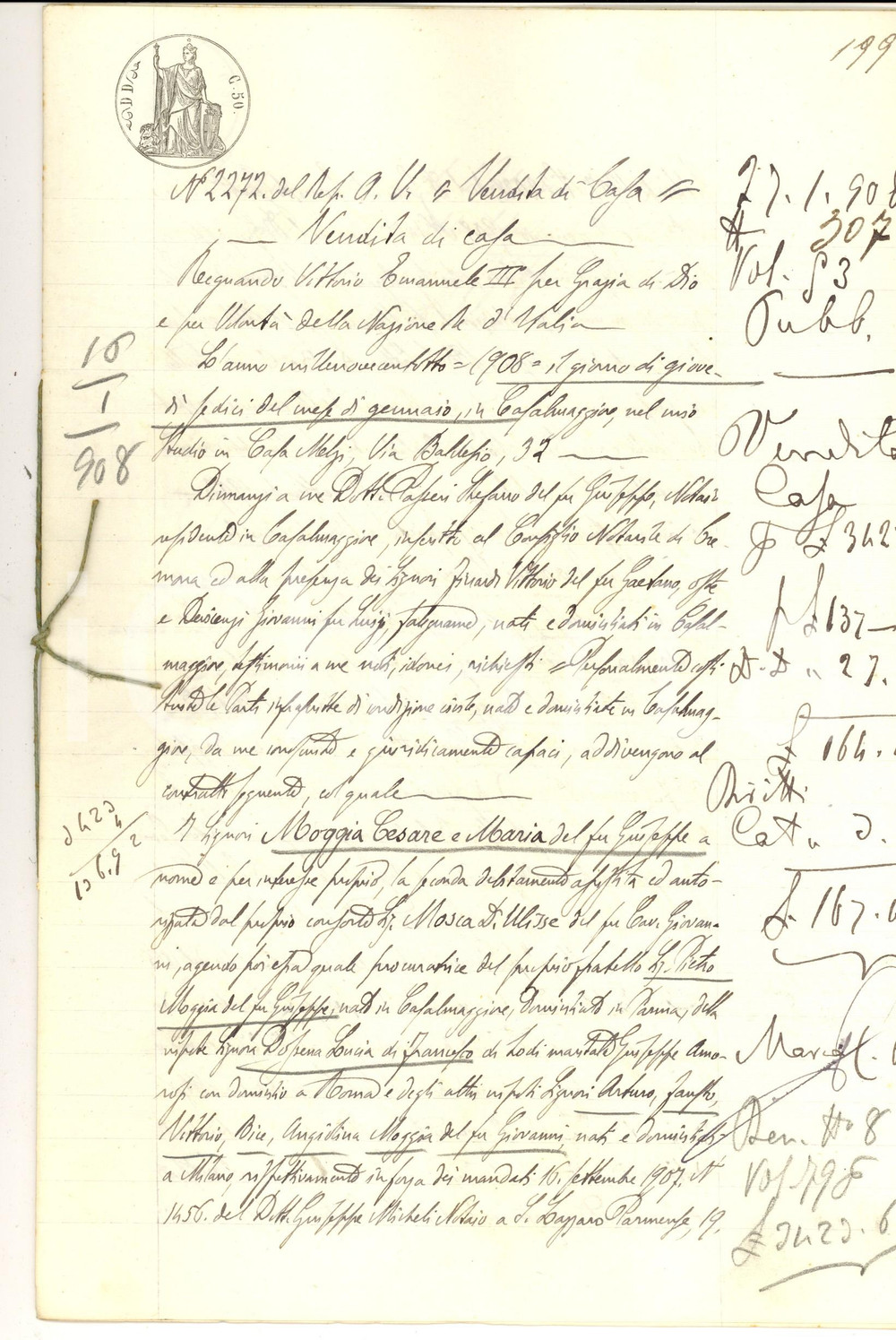 Documento originale, autentico 1908 CASALMAGGIORE CR Cesare e Maria MOGGIA vendono casa a Vincenzo TADDEI 1