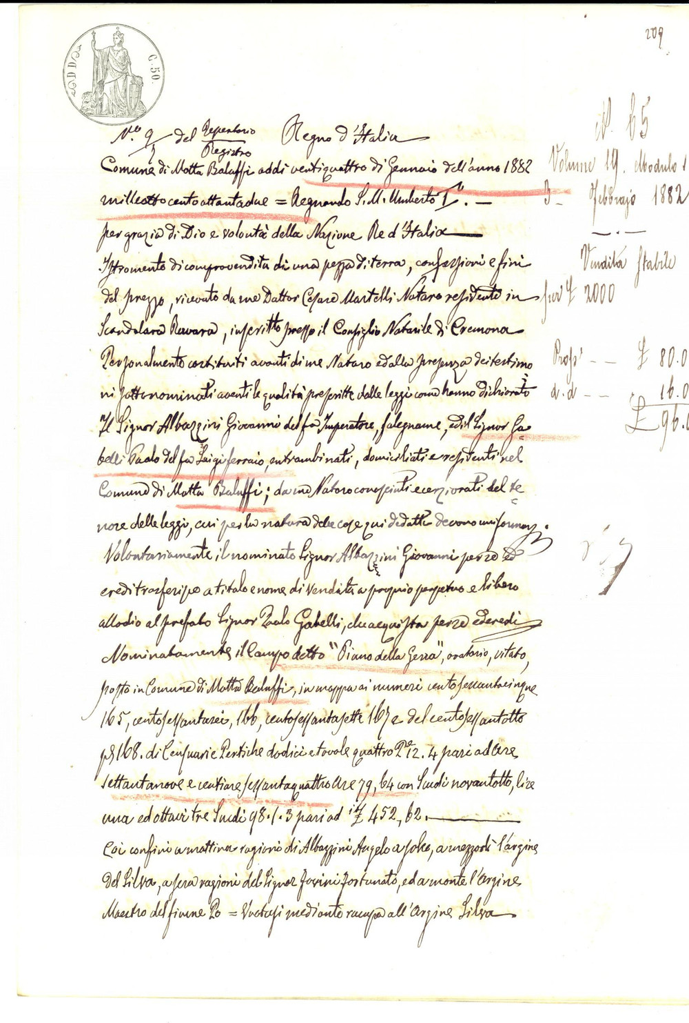 Documento originale, autentico 1882 MOTTA BALUFFI Giovanni ALBAZZINI vende PIANO DELLA GERRA a Paolo GABELLI 1