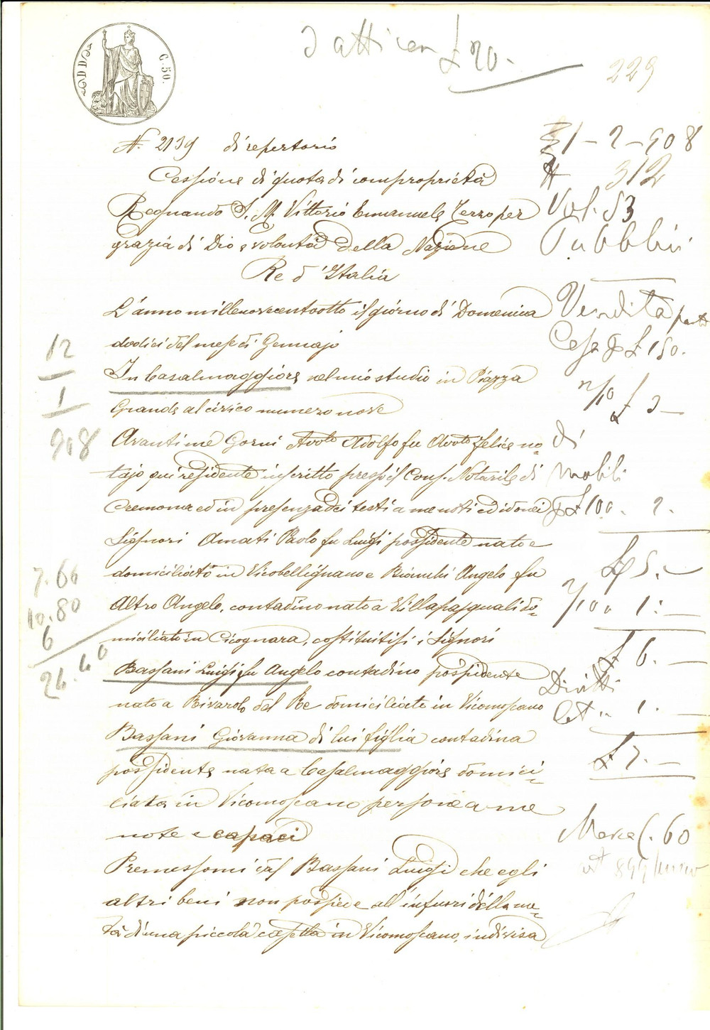 Documento originale, autentico 1908 VICOMOSCANO CR Luigi BASSANI cede alla figlia Giovanna quota di casa 1