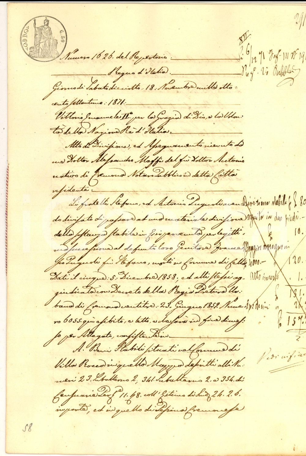 Documento originale, autentico 1871 VILLA ROCCA / PESSINA CR Divisione ereditaria Stefano e Antonio PUGNOLI 1