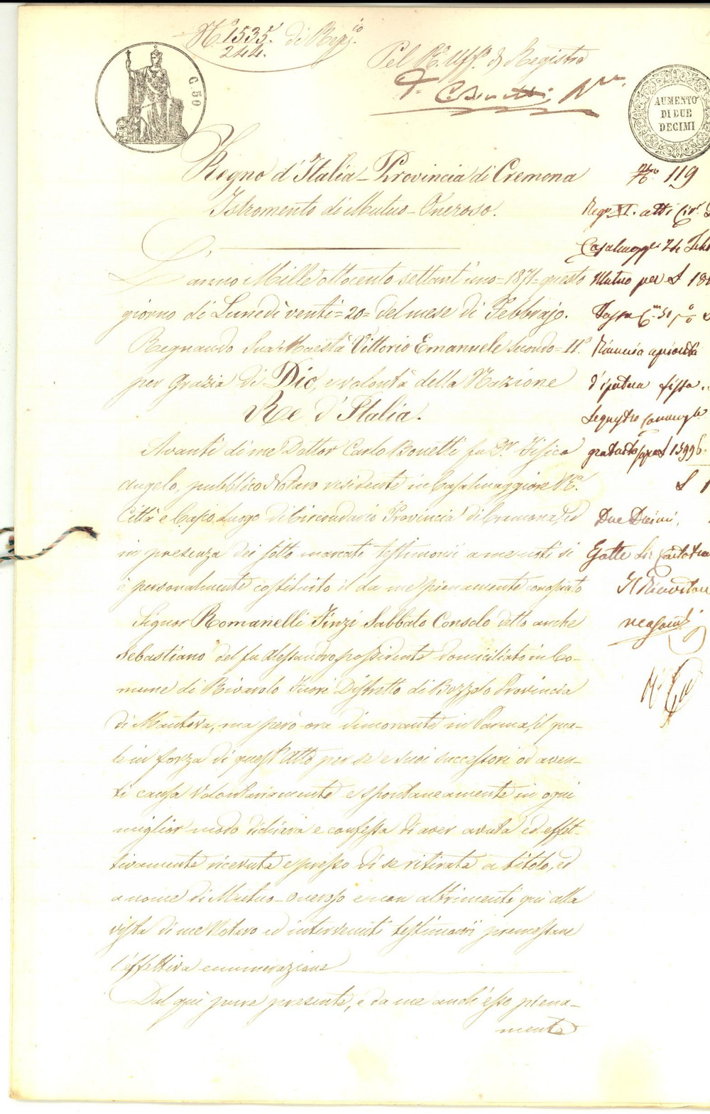 Documento originale, autentico 1871 VIADANA MN Prestito Cirillo MANFREDINI a Sabato Consolo ROMANELLI FINZI 1