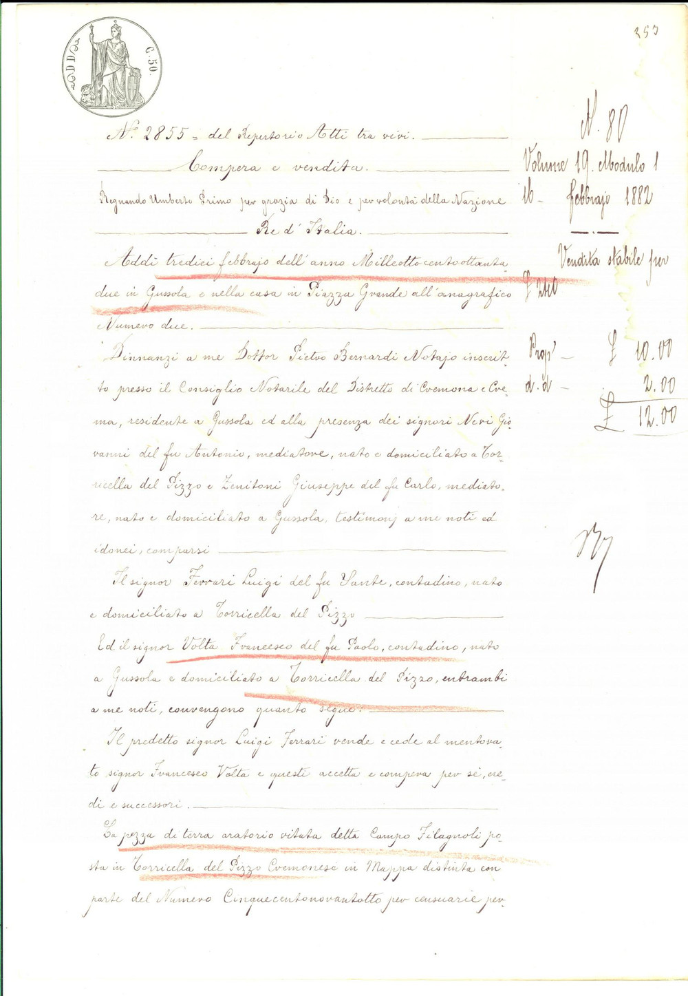 Documento originale, autentico 1882 TORRICELLA DEL PIZZO CR Luigi FERRARI vende CAMPO FILAGNOLI a VOLTA 1
