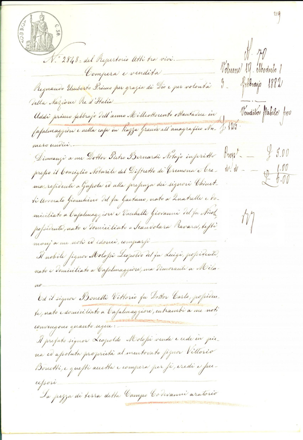 Documento originale, autentico 1882 CASALMAGGIORE CR Nobile Leopoldo MOLOSSI vende campo CODEVANI a BONETTI 1