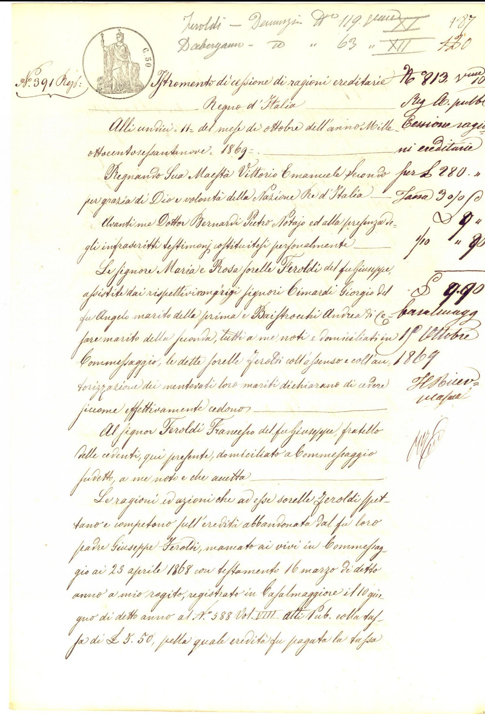 Documento originale, autentico 1869 COMMESSAGGIO MN Maria e Rosa FEROLDI cedono ragioni ereditarie al fratello 1