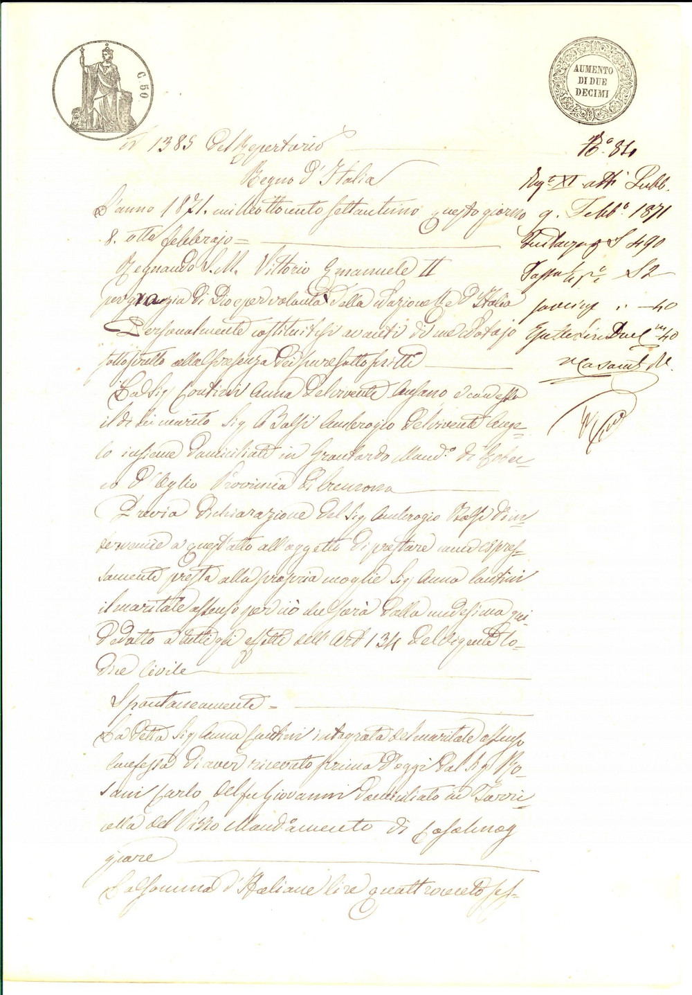 Documento originale, autentico 1871 GRONTARDO CR  Debito di Anna CONTINI verso Carlo ROSANI Manoscritto 1