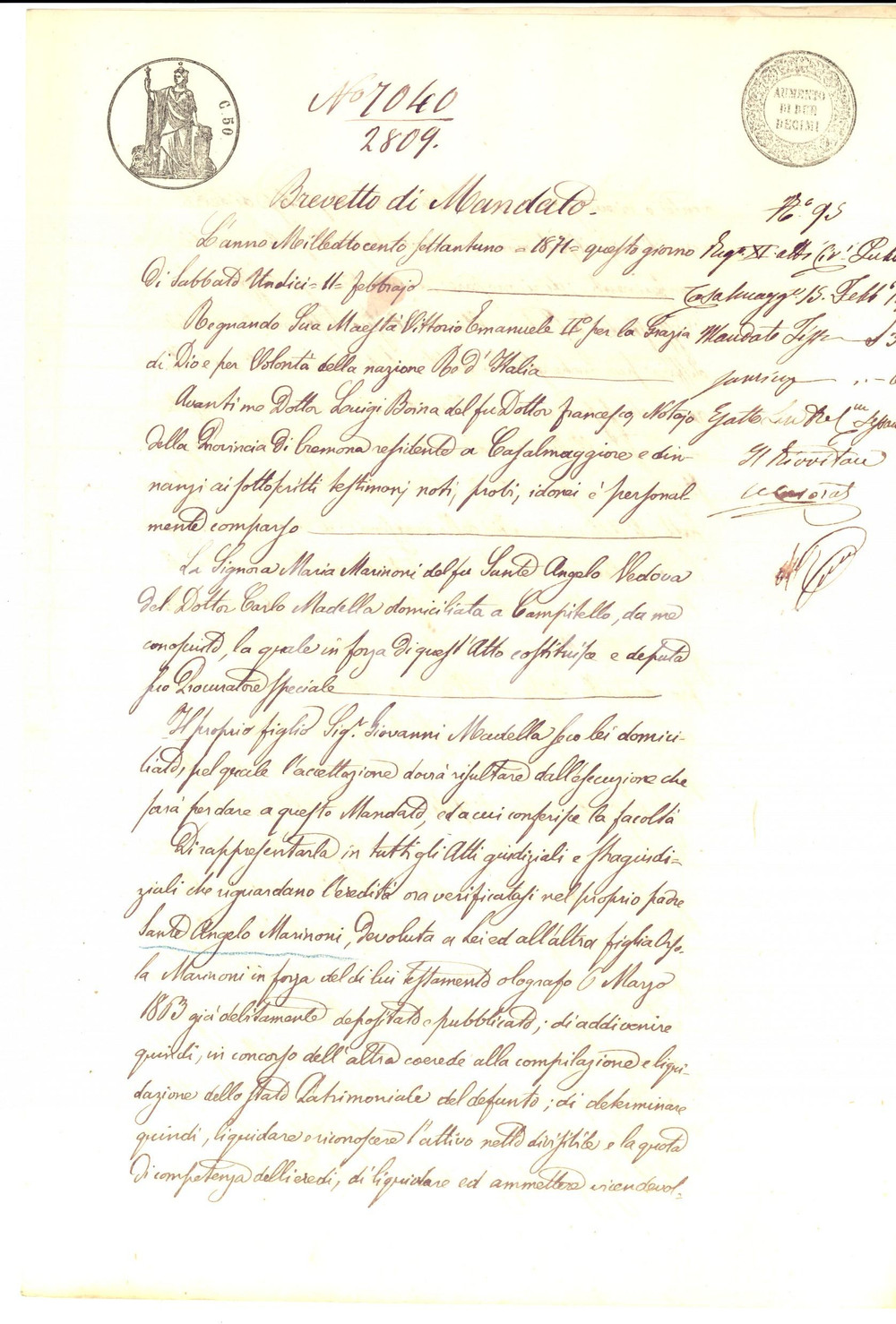 Documento originale, autentico 1871 CAMPITELLO MN Procura di Maria MARINONI al figlio Giovanni Manoscritto 1