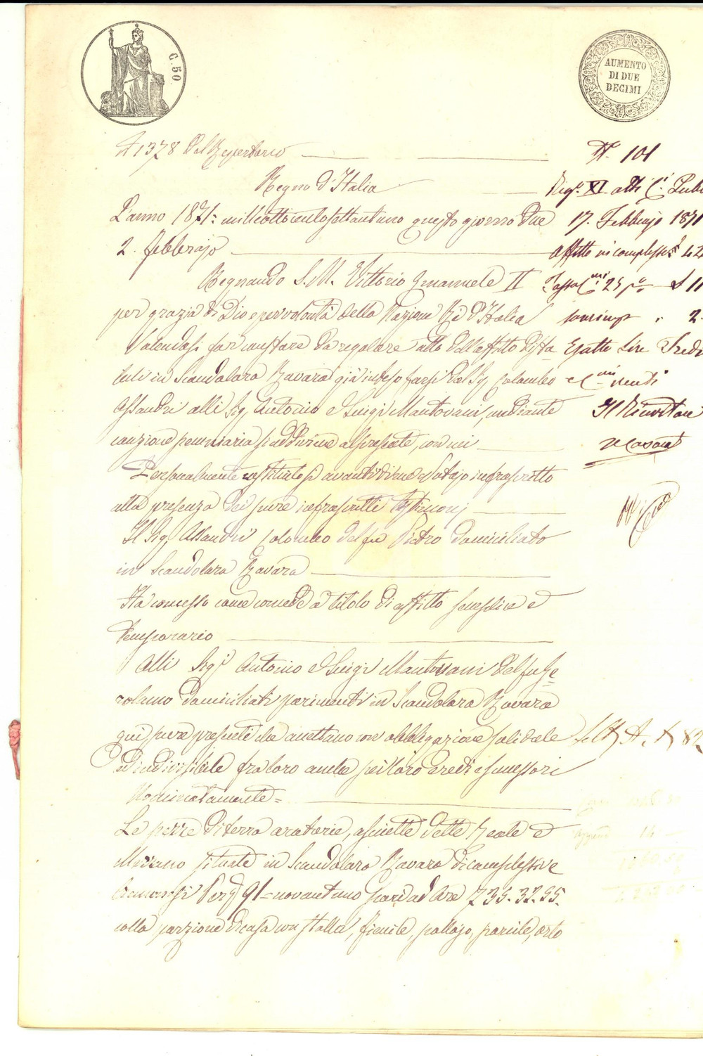Documento originale, autentico 1871 SCANDOLARA RAVARA Colombo ASSANDRI affitta terra con porzione di cascina 1