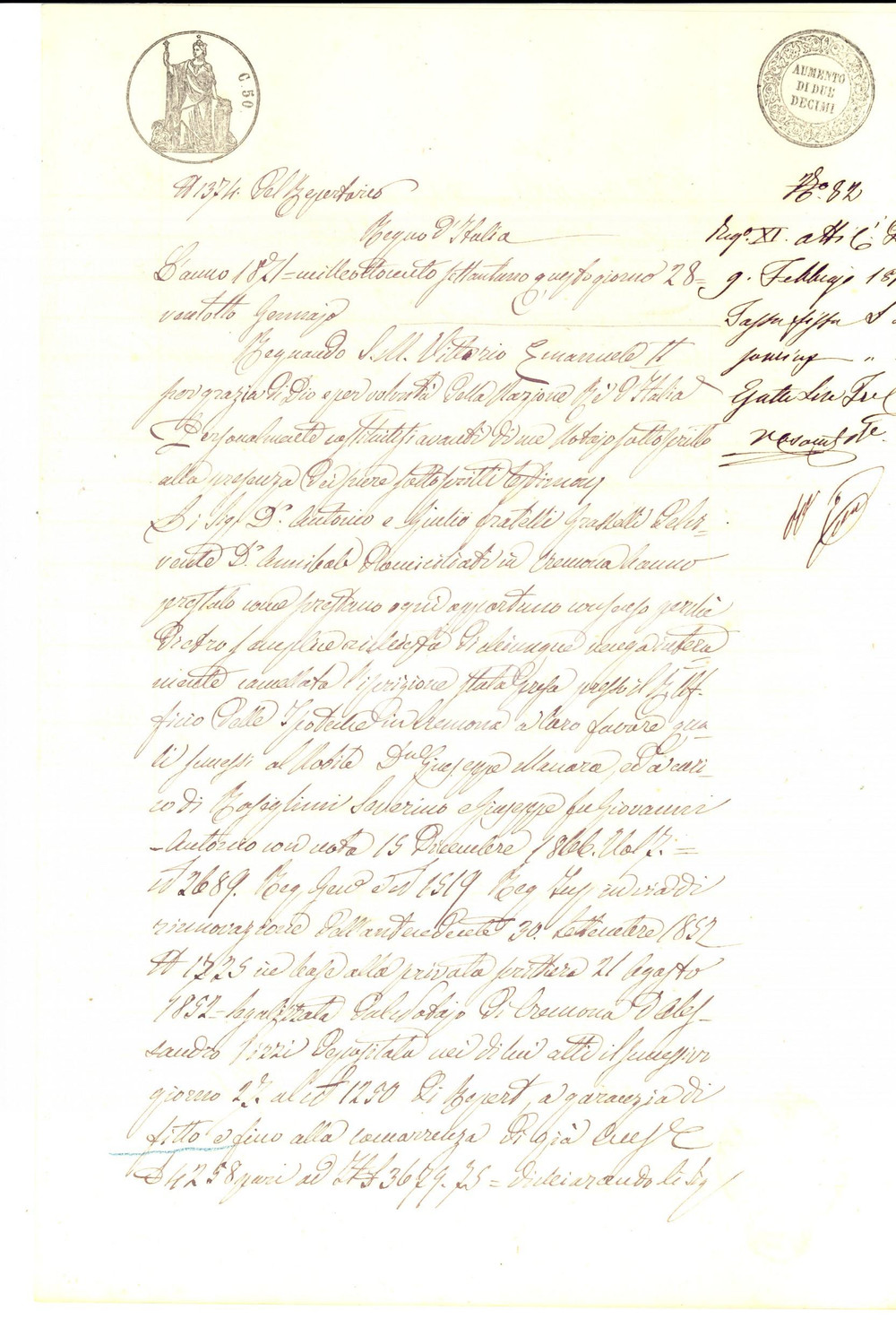 Documento originale, autentico 1871 CREMONA Antonio e Giulio GRASSELLI consentono a cancellazione pro ROSEGLINI 1