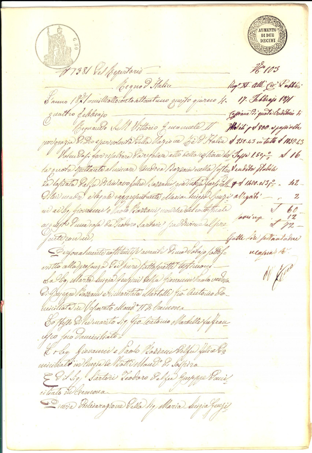 Documento originale, autentico 1871 VESCOVATO CR Maria Luigia GENZINI e Andrea BAZZANI acquistano una casa 1