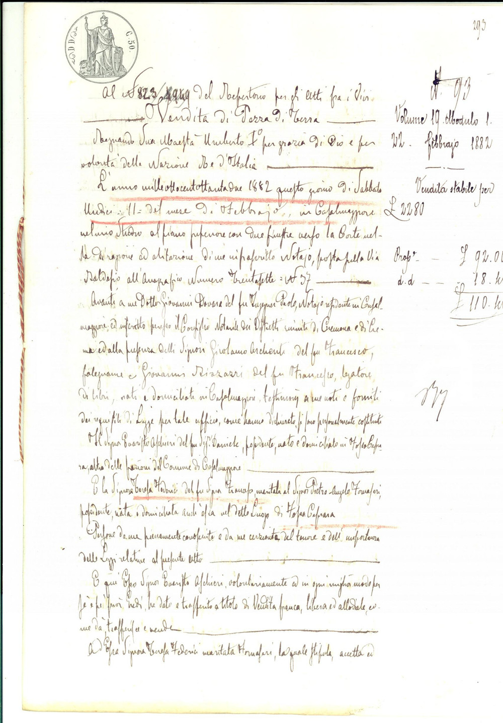 Documento originale, autentico 1882 CASALBELLOTTO CR Evaristo ASCHIERI vende terra vitata a Teresa FEDERICI 1