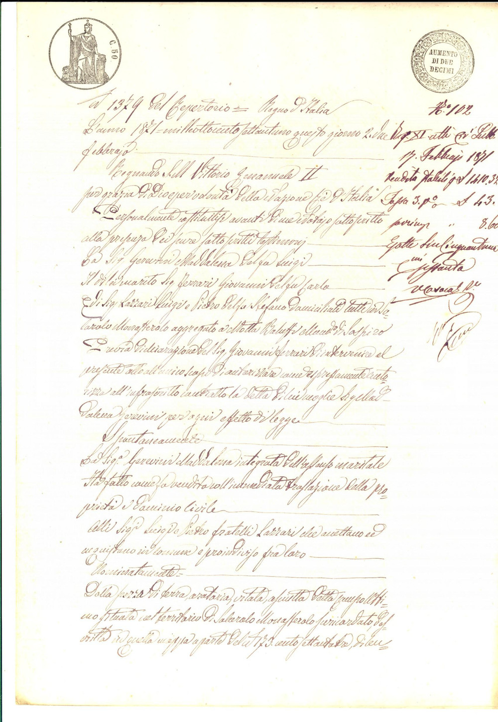 Documento originale, autentico 1871 SOLAROLO MONASTEROLO Maddalena GEREVINI vende terra ai fratelli LAZZARI 1