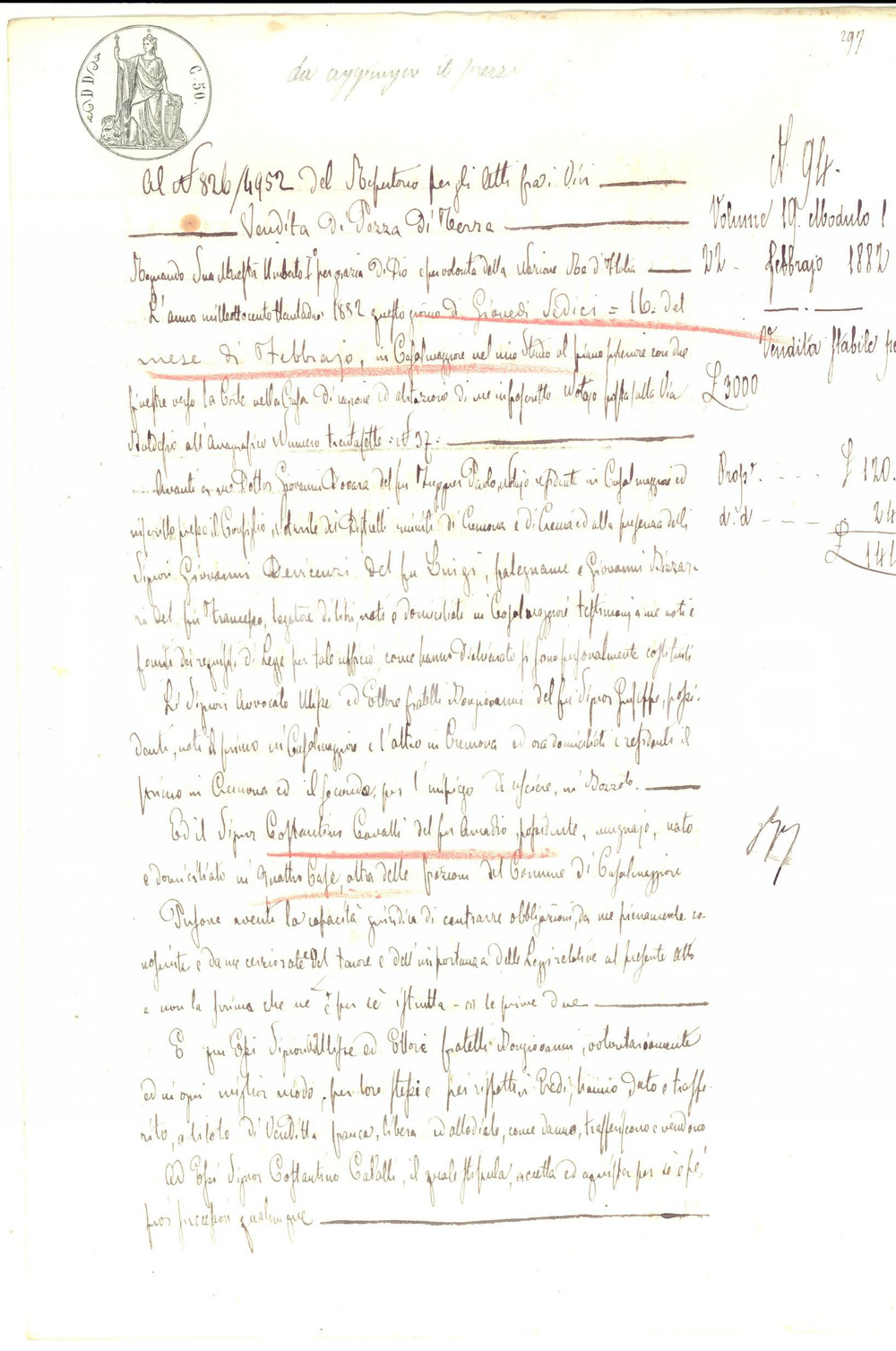 Documento originale, autentico 1882 QUATTRO CASE CR Ulisse BONGIOANNI vende terra a Costantino CAVALLI 1