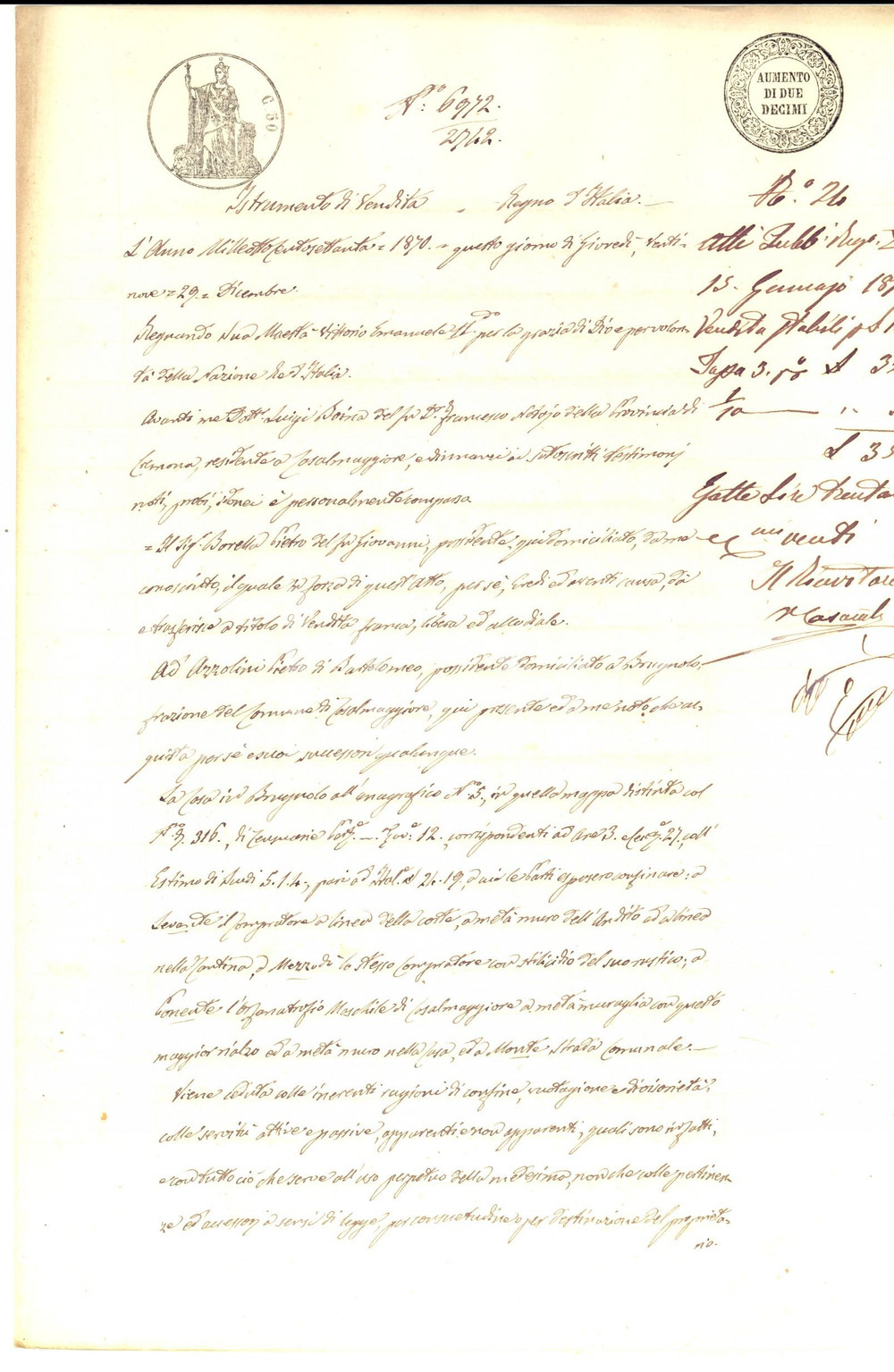 Documento originale, autentico 1870 BRUGNOLO CR Pietro BORELLA vende casa a Pietro AZZOLINI Manoscritto 1