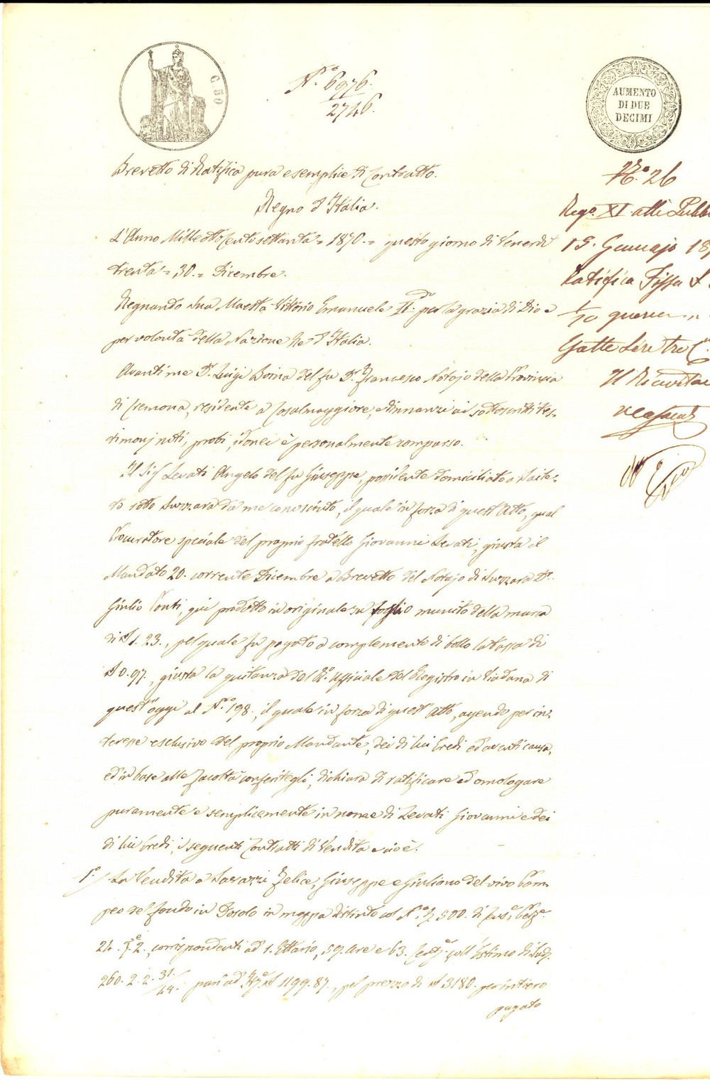 Documento originale, autentico 1870 DOSOLO MN Angelo LEVATI ratifica vendite a Carlo CARPI e Lorenzo FERRETTI 1