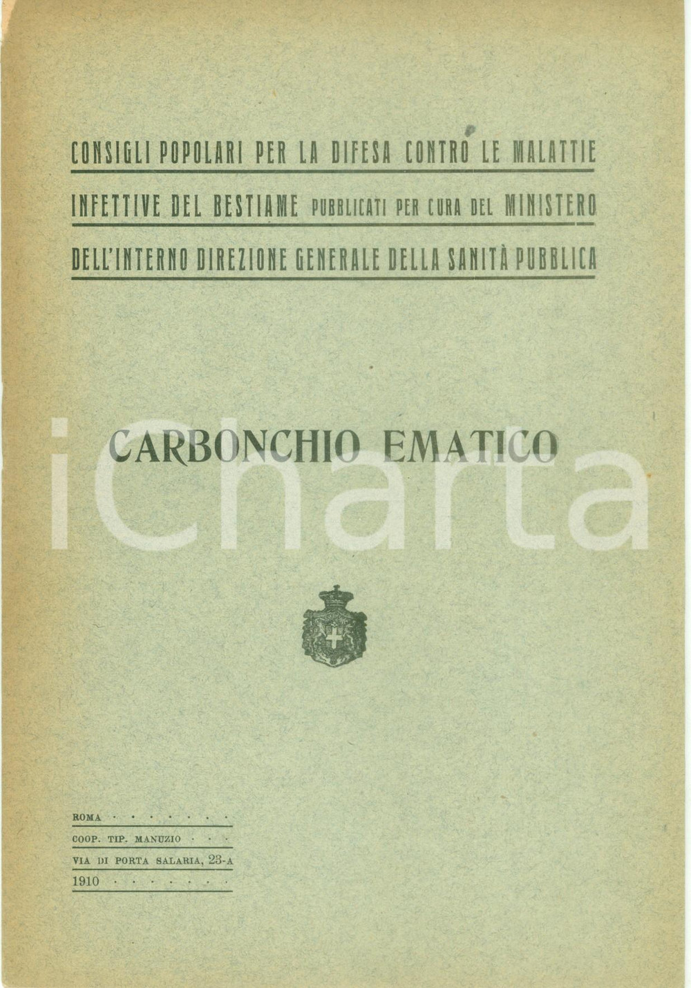 Documento originale, autentico 1910 SANITA  PUBBLICA Consigli popolari difesa vs carbonchio ematico Opuscolo 1