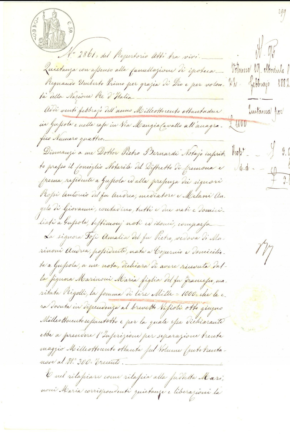 Documento originale, autentico 1882 GUSSOLA CR Quietanza Amalia TOSI a Maria MARINONI per saldo di un debito 1