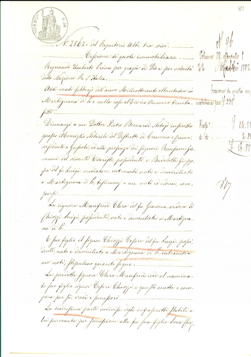 Documento originale, autentico 1882 MARTIGNANA PO CR Vedova Clara MANFREDI cede immobili della figlia defunta 1
