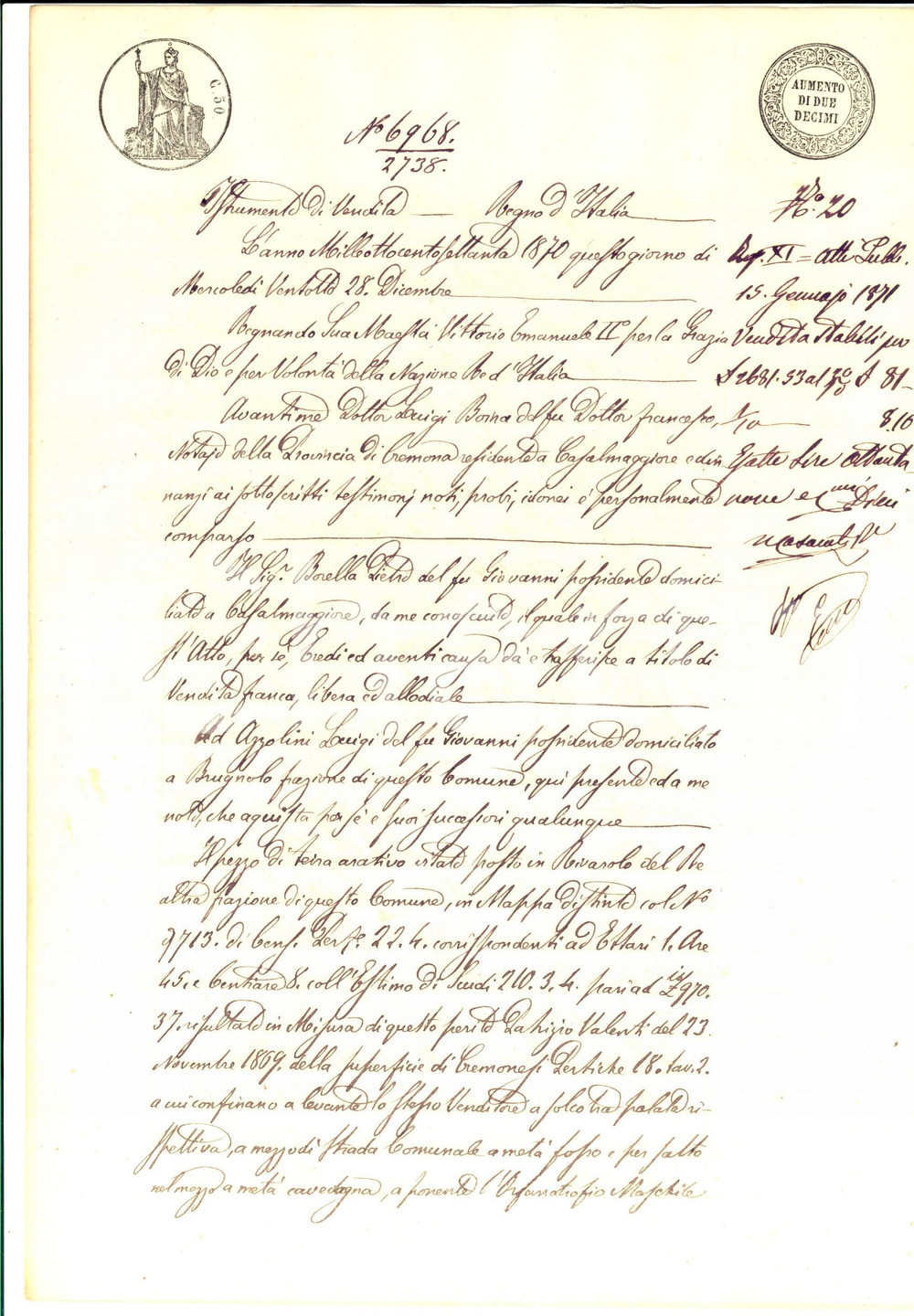 Documento originale, autentico 1870 RIVAROLO CASALMAGGIORE CR Pietro BORELLA vende terra a Luigi AZZOLINI 1