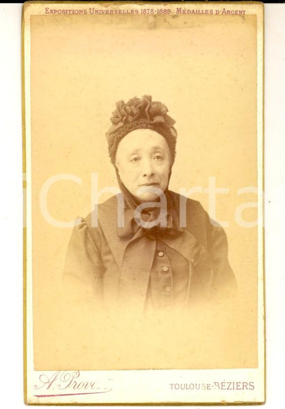 Fotografia d epoca originale 1890 ca BEZIERS F Donna con cappello in pizzo nero Fotografia A. PROVOST CDV 1