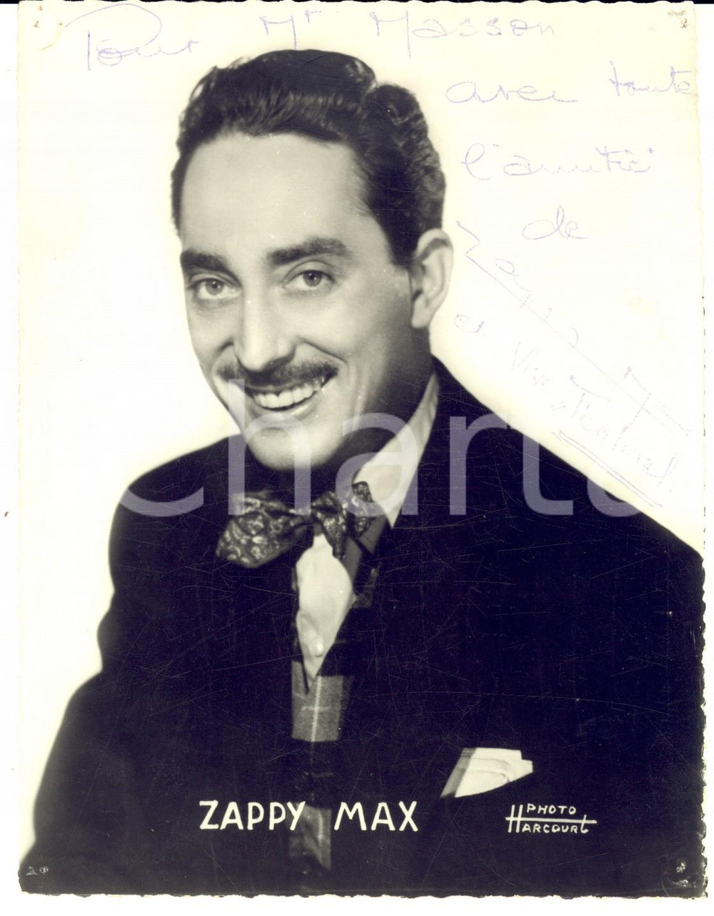 Autografo originale 1950 ca RADIO Speaker ZAPPY MAX Fotografia seriale HARCOURT con AUTOGRAFO 1