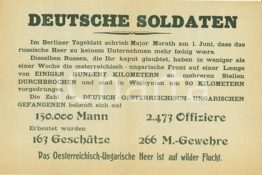 Documento originale, autentico 1918 WOLHYNIEN UCRAINA WW1 Russi sfondano il fronte austroungarico Volantino 1