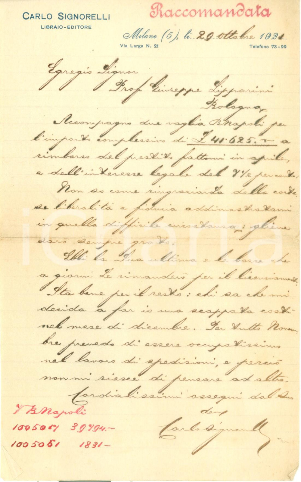 Autografo originale 1927 MILANO Editore Carlo SIGNORELLI restituisce un prestito AUTOGRAFO 1