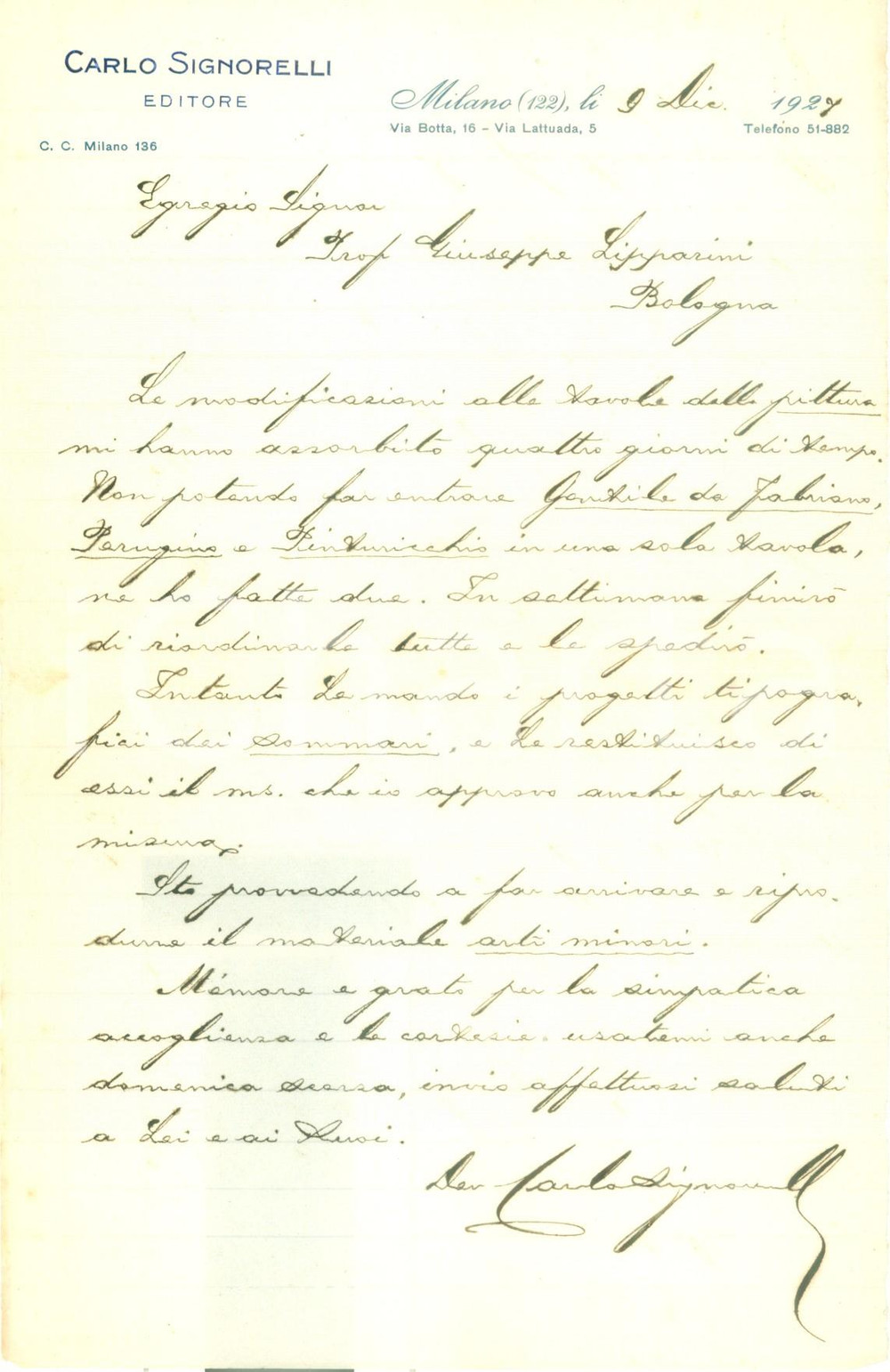 Autografo originale 1927 MILANO Editore Carlo SIGNORELLI prepara grafica di un libro AUTOGRAFO 1