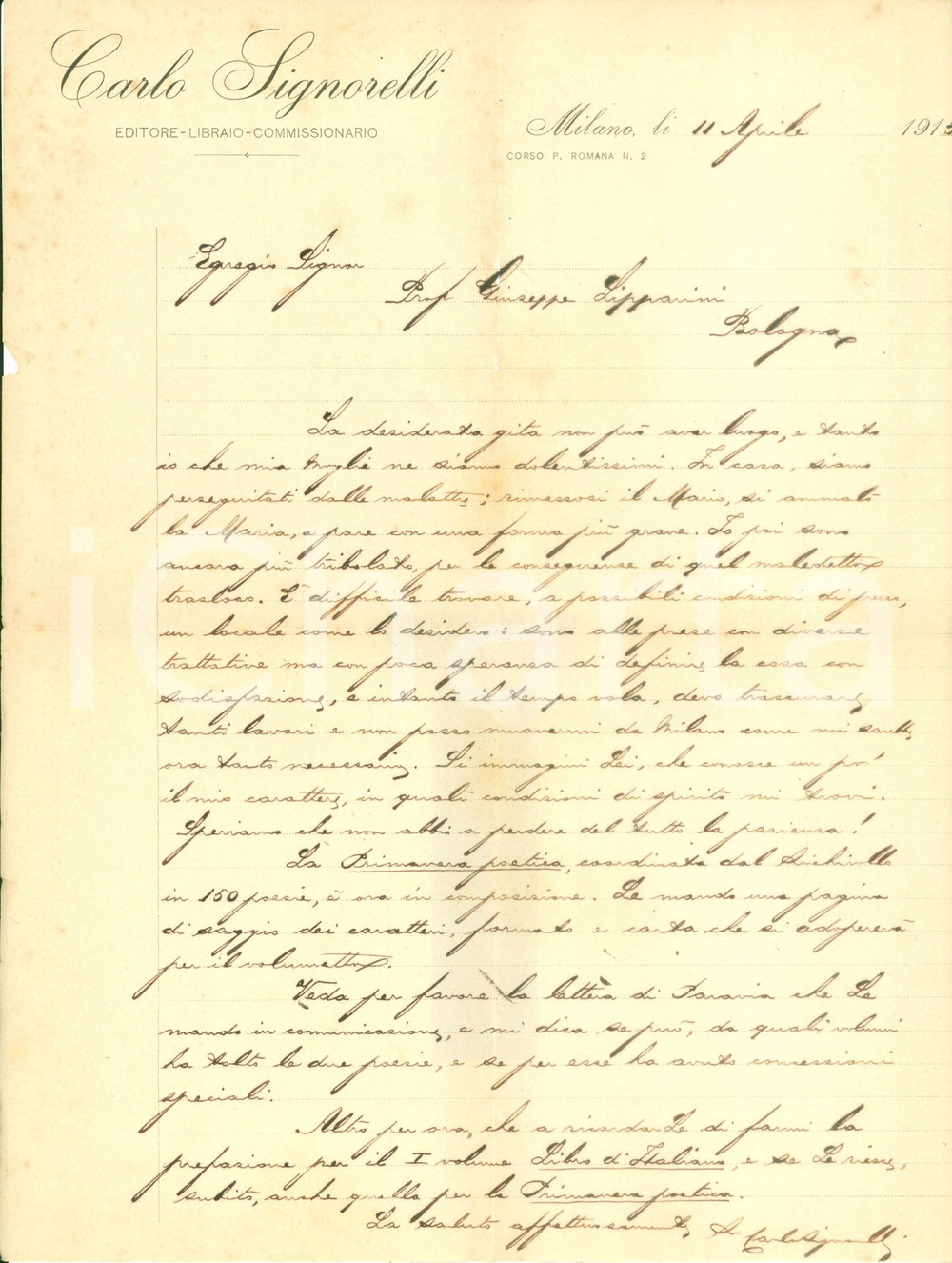 Autografo originale 1913 MILANO Editore Carlo SIGNORELLI non riesce a traslocare AUTOGRAFO 1